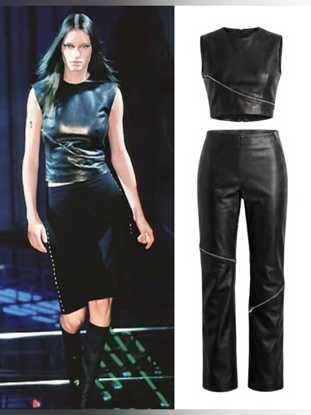 Vintage GIANNI VERSACE F/W 1998 Leather Zip Top + Pants SET in Black